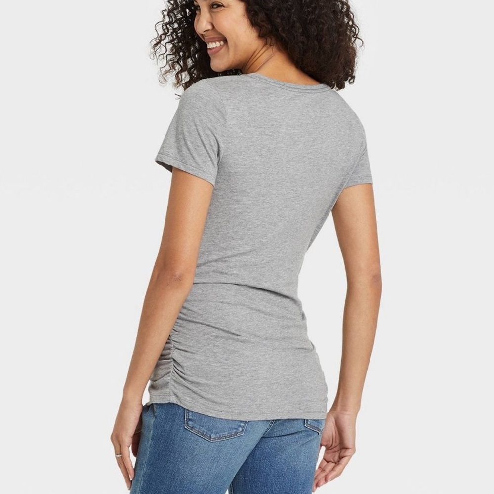 Isabel Maternity by Ingrid & Isabel Gray Short Sleeve V Neck Shirred Tee XS NWT - Picture 2 of 2